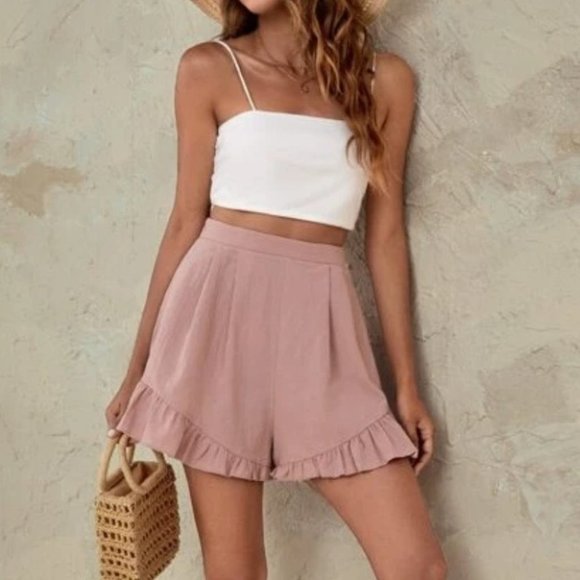 Ruffle Hem High Waisted Shorts Pink